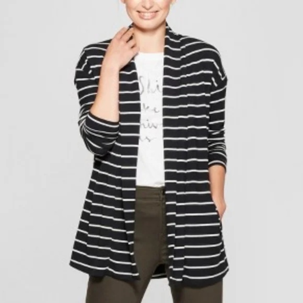 SOFT! Striped Black and White Draped Open Jacket Sz M